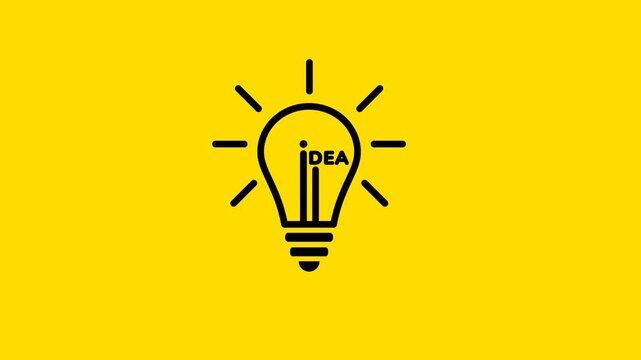 Idea light bulb icon animation in the center and slide out to left and right on yellow background. 4K animated for motion graphics, idea animation, presentations, infographics, template, and business.