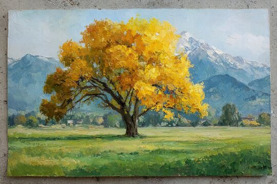 Golden-Leafed Oak Tree in Post-Impressionist Style, Textured Oil Painting with Meadow and Mountain Backdrop, Sargent-Inspired Light Study