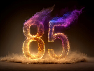 A stylized image of floating, layered numbers 85 made of smoke or an element, against a dark backdrop The numbers appear ethereal and are surrounded by a fiery cloud-like mass with war - AI-Generated