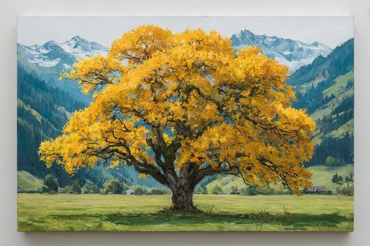 Golden-Leafed Oak Tree in Post-Impressionist Style, Textured Oil Painting with Meadow and Mountain Backdrop, Sargent-Inspired Light Study
