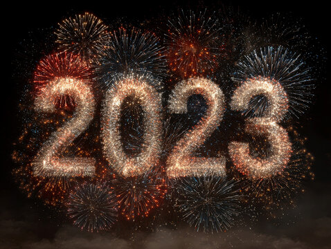 Fireworks forming the numbers 2023 against a dark festive sky Vibrant, colorful, and dynamic display with rotating spiral patterns - AI-Generated
