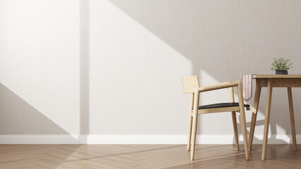 Horizontal mockup of a white wall with a dining set. 3D rendering, interior design, 3D illustration