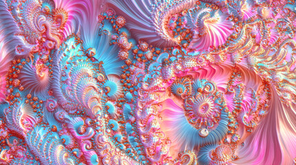 Abstract fractal background with intricate swirling patterns in vibrant pink, blue, and gold hues. Concept of mathematical beauty, digital art, complex geometry, and futuristic design