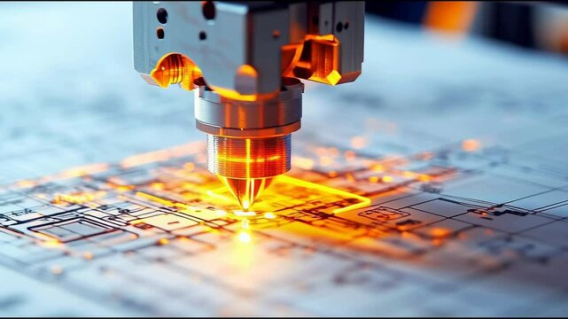 High-precision dual-material 3D printer working on a complex technical blueprint with glowing laser detail, representing advanced additive manufacturing and engineering innovation

