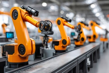 Robotic arms working on assembly line in factory
