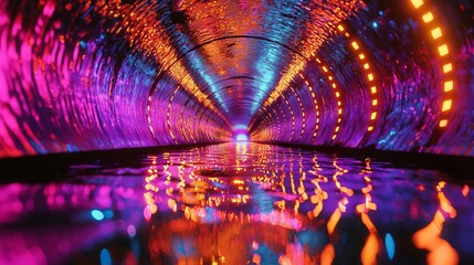 Neon light tunnel reflection in vibrant technicolor with futuristic illumination and colorful glow for modern art and dynamic visual experience
