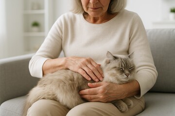 Elderly woman comfortably sitting on couch, gently stroking sleeping cat. concept of caring relationship, cozy home environment, gentle interaction with pet