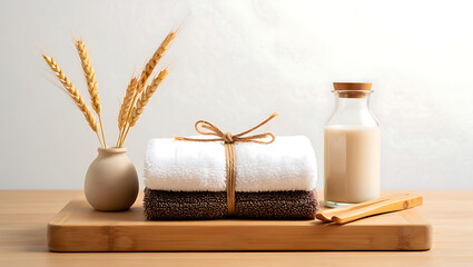 Serene spa setting:  rolled towels, milk bottle, wheat, bamboo tray, minimalist aesthetic.