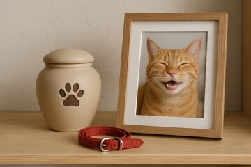 Pet memorial shelf with urn, photo frame of smiling cat, and red collar on wooden shelf. concept of remembering beloved pets, loss, cherished memories