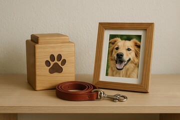Pet memory shelf with wooden urn, dog portrait, and leather collar. concept of cherished pet memories, memorial keepsake, pet owner nostalgia.