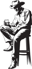 Cowboy Sitting on a Barstool Silhouette Vector Illustration on Transparent Background
