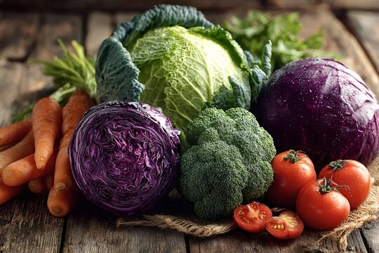 Assortment of fresh vegetables including savoy cabbage, red cabbage, broccoli, carrots, and tomatoes are displayed on a rustic wooden table, promoting healthy eating and farm fresh produce