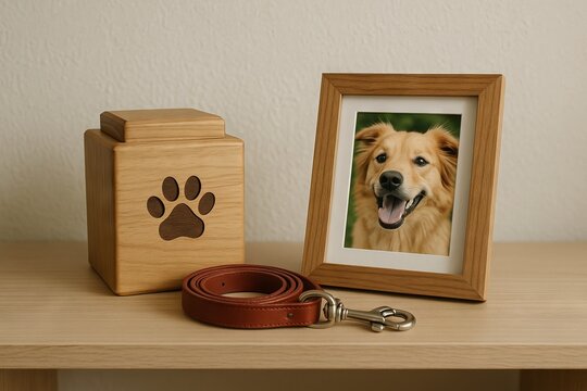 Pet memory shelf with wooden urn, dog portrait, and leather collar. concept of cherished pet memories, memorial keepsake, pet owner nostalgia.