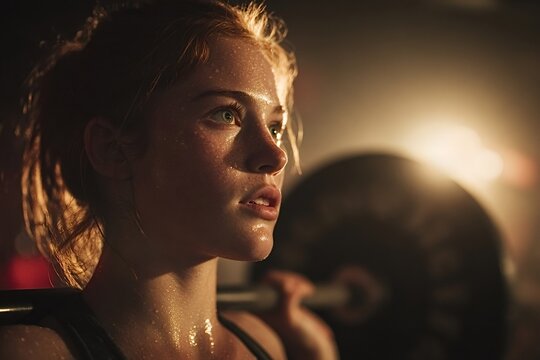 Young woman is working out with a barbell, her face covered in sweat, showing her determination and strength during an intense training session