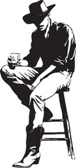 Cowboy Sitting on a Barstool Silhouette Vector Illustration on Transparent Background