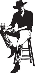 Cowboy Sitting on a Barstool Silhouette Vector Illustration on Transparent Background