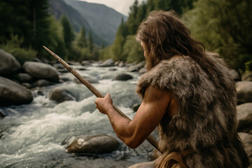 Ancient Hunter Navigating Rocky Riverbank While Fishing in Wild Nature Surrounded by Dense Forest