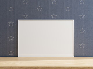 Horizontal frame mockup on a wooden table. 3D rendering, interior design, 3D illustration.