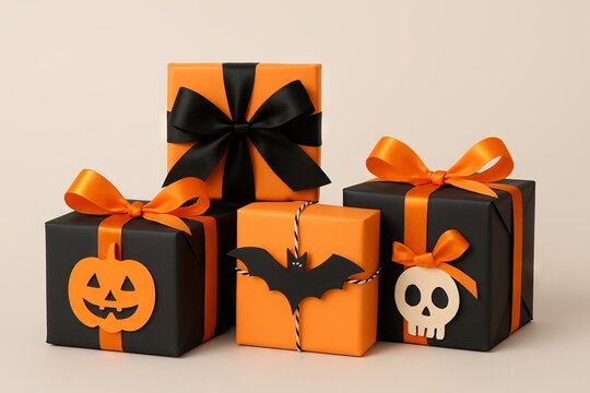 Halloween gift boxes with black bows featuring pumpkin, bat, and skull designs. concept of festive decor, halloween celebration, creative gift wrapping