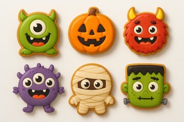 Cute halloween cartoon stickers cookies featuring monsters and jack-o-lantern on white background. concept of festive treats, monster cookies, halloween celebration, set
