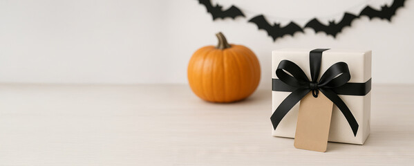 Halloween gift box decorated with a black ribbon and tag on a table with pumpkin and bat garland. concept of holiday present, festive decor, seasonal celebration, banner, copy space