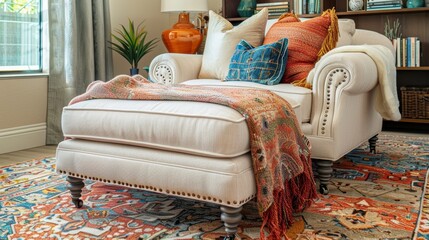 An inviting nook in the living room boasting a plush chaise lounge gy area rug and a colorful display of books.