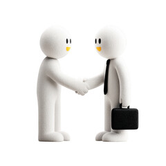 Two stylized white figures shaking hands in a business agreement, one wearing a tie and holding a briefcase isolated on transparent background