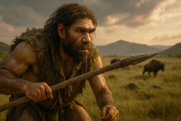 Caveman Prepares for a Hunt in a Prehistoric Landscape Under a Cloudy Sky During Sunset