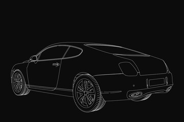 Black and white contour drawing of a car with sleek lines and elegant curves. The dark background enhances the car's sophisticated silhouette.