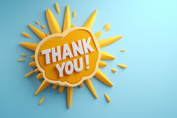 Yellow comic style speech bubble with text saying thank you on bright blue background