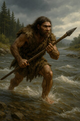 Primitive Hunter Wades Through a River With a Spear in a Prehistoric Landscape