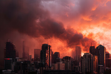 Fototapeta premium Cityscape engulfed in flames with smoky sky -