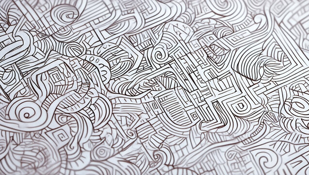 A hand-drawn illustration of intricate lines and patterns in black ink on white paper. The lines form abstract geometric shapes, spirals and random scribbles,