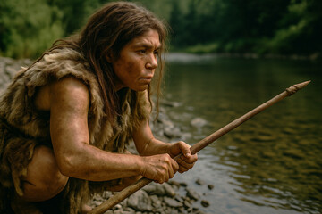 Recreation of Prehistoric Human Hunting by a River During the Warm Season in July