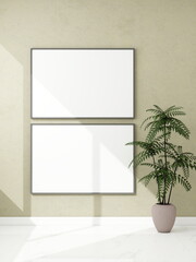 Two horizontal frame mockups with an ornamental plant on the side. 3D rendering, interior design, 3D illustration