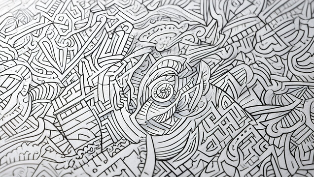 A hand-drawn illustration of intricate lines and patterns in black ink on white paper. The lines form abstract geometric shapes, spirals and random scribbles,