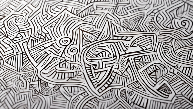 A hand-drawn illustration of intricate lines and patterns in black ink on white paper. The lines form abstract geometric shapes, spirals and random scribbles,