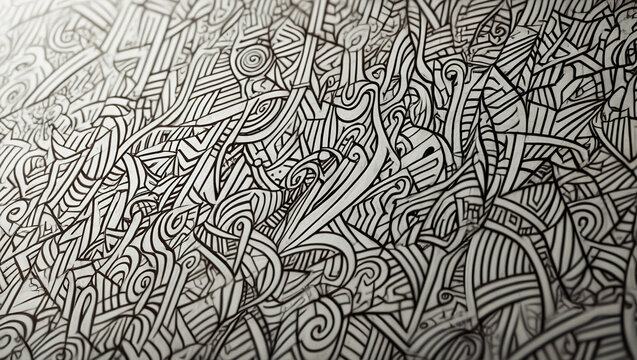 A hand-drawn illustration of intricate lines and patterns in black ink on white paper. The lines form abstract geometric shapes, spirals and random scribbles,