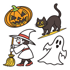 Whimsical halloween illustration featuring a smiling witch with a broom a spooky jack o lantern a black cat on a yellow surfboard and a friendly ghost against a white background