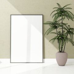 Vertical frame mockup on the floor with an ornamental plant on the side. 3D rendering, interior design, 3D illustration.