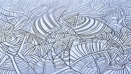 A hand-drawn illustration of intricate lines and patterns in black ink on white paper. The lines form abstract geometric shapes, spirals and random scribbles,