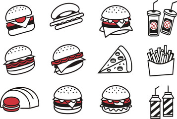 Illustrative graphic set of fast food items including burgers pizza and drinks