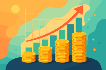 Business graph with growing coin stacks, finance growth concept for stock market, currency exchange, abstract colorful background with modern flat design
