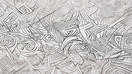 A hand-drawn illustration of intricate lines and patterns in black ink on white paper. The lines form abstract geometric shapes, spirals and random scribbles,