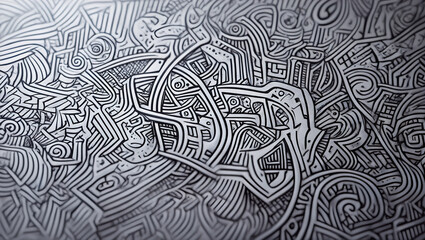A hand-drawn illustration of intricate lines and patterns in black ink on white paper. The lines form abstract geometric shapes, spirals and random scribbles,