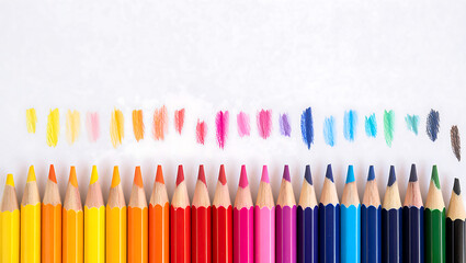 Vibrant colored pencils arranged with color swatches; cheerful, creative back-to-school stationery concept.