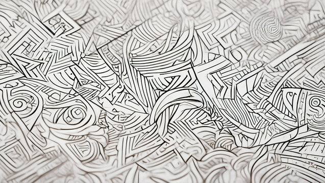 A hand-drawn illustration of intricate lines and patterns in black ink on white paper. The lines form abstract geometric shapes, spirals and random scribbles,