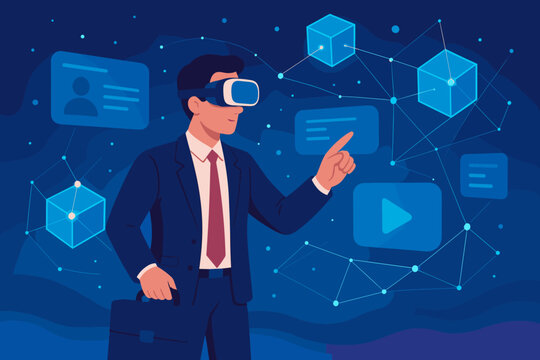 Businessman in VR headset explores metaverse. Technology and business innovation concept. Blockchain network connection. Augmented and virtual reality user interface concept.