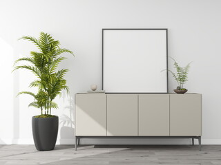 Mockup of a square frame on a sideboard with an ornamental plant to the side. 3D rendering, interior design, 3D illustration