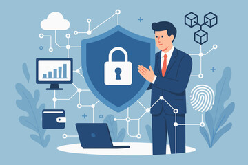 Cyber security data protection concept. Businessman secures business financial data. Network connection, blockchain, fingerprint authentication, innovation technology, smart digital safety